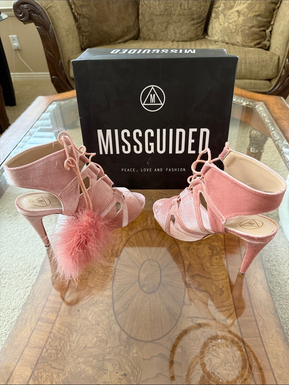 Missguided Pink Blush Velvet Lace-Up Pom Pom Stiletto Heels 👠 8.5 US 6 UK
